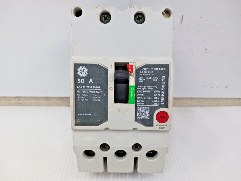 GE 50 Amp Bolt-On Circuit Breaker 3 Pole 480Y/277 VAC 100kA TEYL3050B
