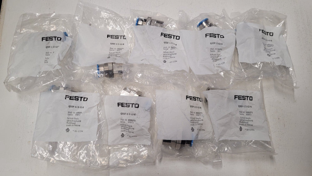 Lot of 9 Festo QSSF-1/2-12-B Bulkhead Push in Fittings G1/2x12mm Pneumatic