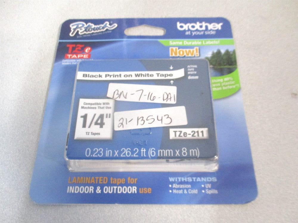 Brother (TZe211) 1/4" x 26.2' Black on White Laminated Tape for P-Touch Labelers