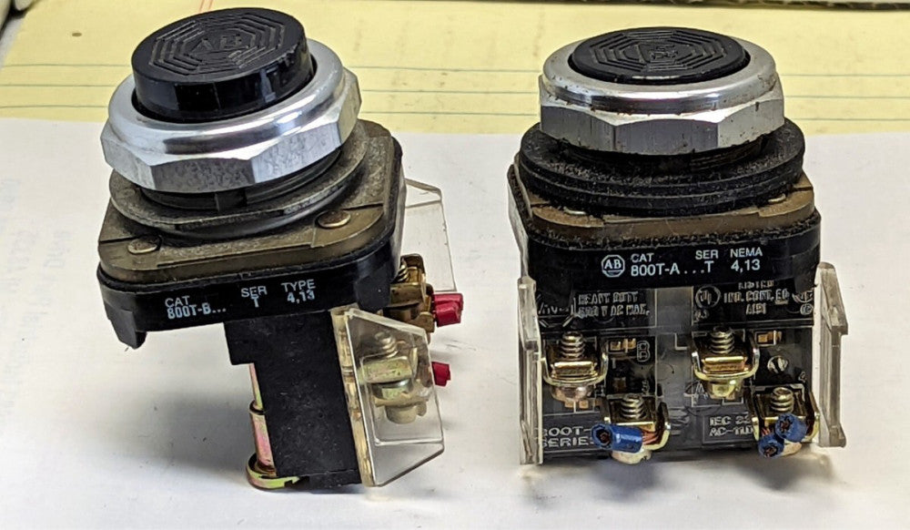 (2) ALLEN-BRADLEY BLACK PUSH BUTTON SWITCHES 800T-A, 800T-B WORKING PULL [OF24] 