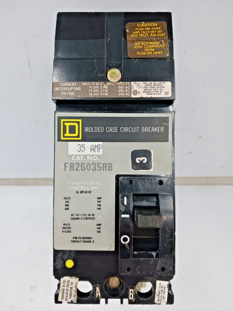 Square D 35 Amp Molded Case Circuit Breaker 2 Pole 600 VAC 14kA FA26035AB *Flaw*