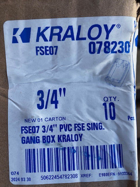 (10 PACK) 078230 Kraloy FSE07 3/4" PVC Fse Sing. Gang Box