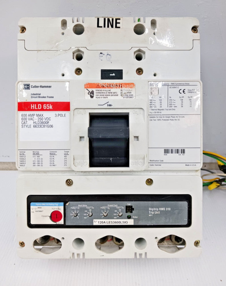 Cutler Hammer 600 Amp Circuit Breaker 3P 600 VAC HLD3600F W/ Digitrip & Aux Sw.