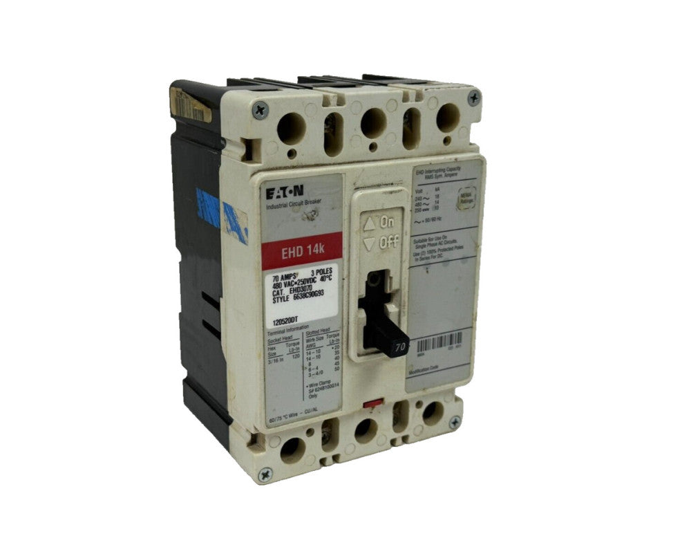 USED EATON EHD3070 CIRCUIT BREAKER 6638C90G93 70A 480VAC 250VDC