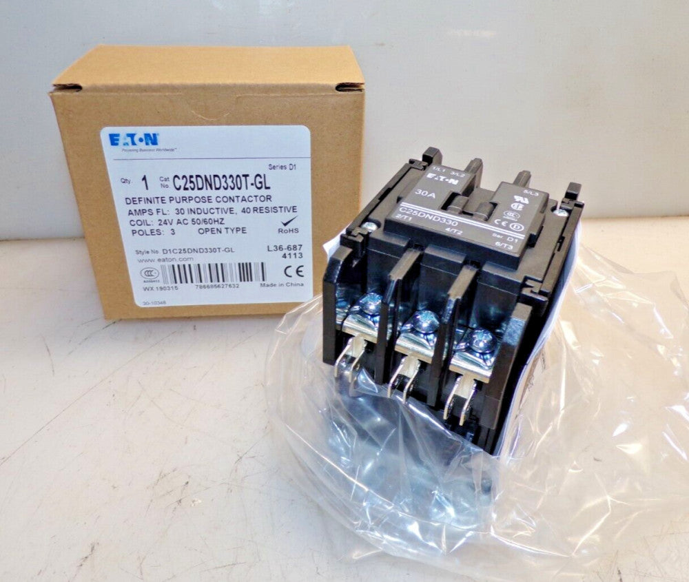 New Eaton 30 Amp Definite Purpose Contactor 3 Pole 24 VAC Coil  C25DND330T-GL