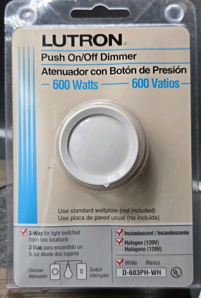 LUTRON Push On/Off Dimmer 600 Watts 3-way Switth  D-603PH-WH