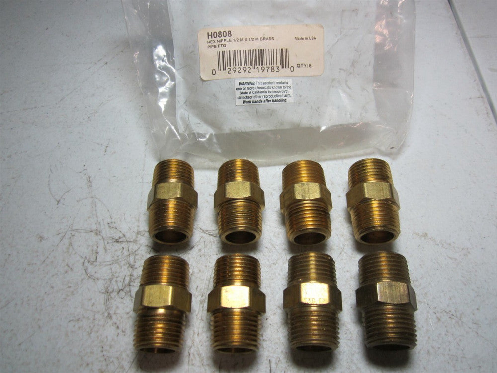 Coilhose Pneumatics (H0808) 1/2" MPT x 1/2" MPT Brass Hex Nipple - Pack of 8