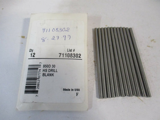 (950D 30) #30 x 2-3/4" Bright Finish High Speed Steel Long Drill Blank - Qty 12