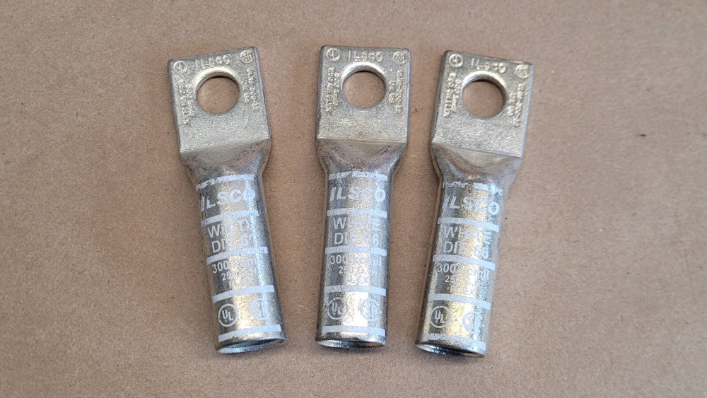 Lot of 3 Ilsco CLNS-300-12 Lugs White 1/2" Bolt Hole Conductor Size 300