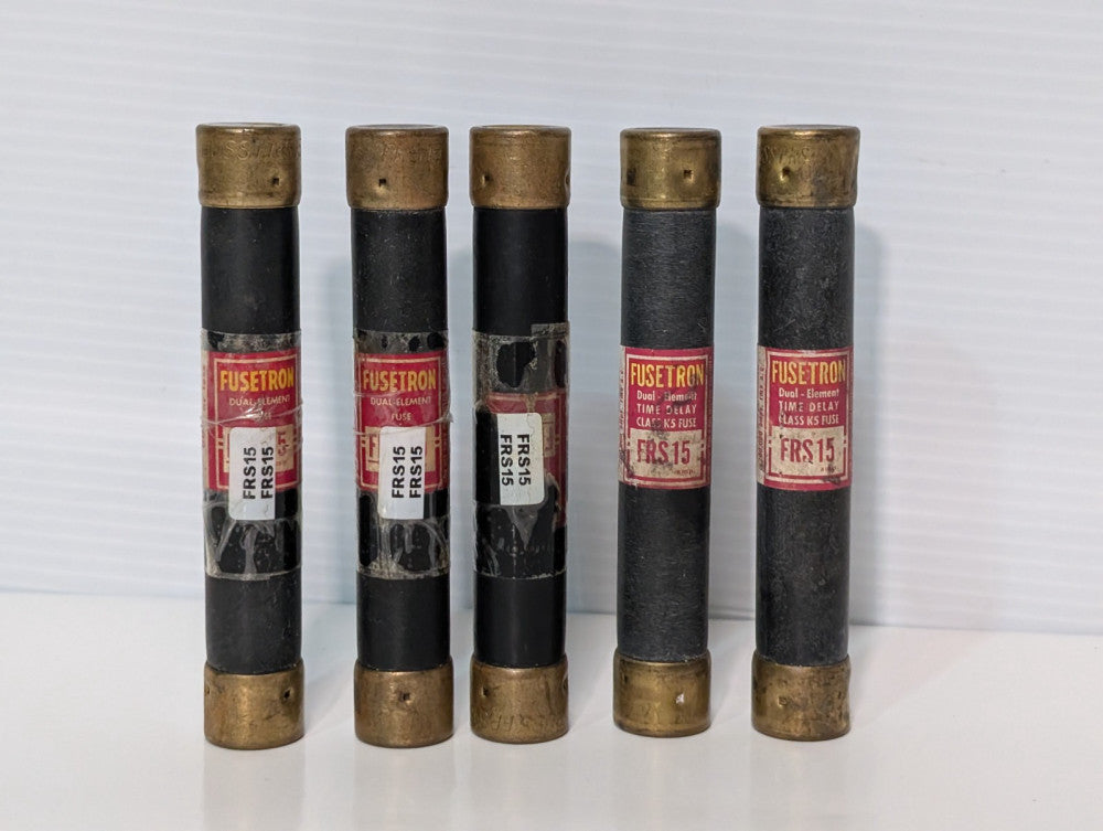 Lot of 5: Bussmann Fusetron FRS-15 Fuses, Dual-Element, Time-Delay, 15 Amp, 600V