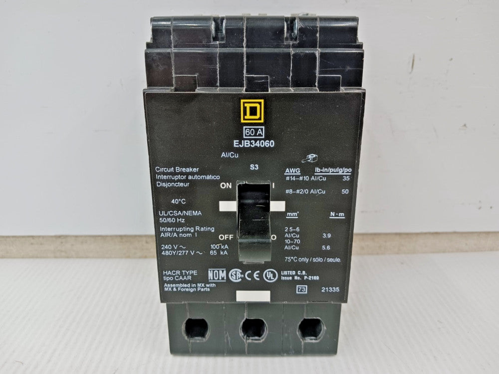 Square D 60 Amp Bolt-On Circuit Breaker 3 Pole 480Y/277 VAC 65kA EJB34060