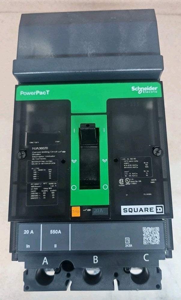 Square D HJA36020 20 Amp 3 Pole 600V PowerPact I-Line Circuit breaker NTO