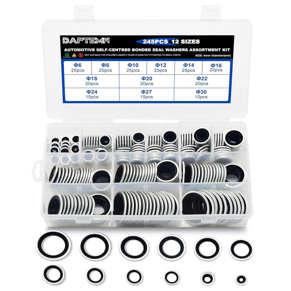 245PCS Bonded Sealing Washers, NBR Metric Zinc-Plated Steel Self-Centred Sealing