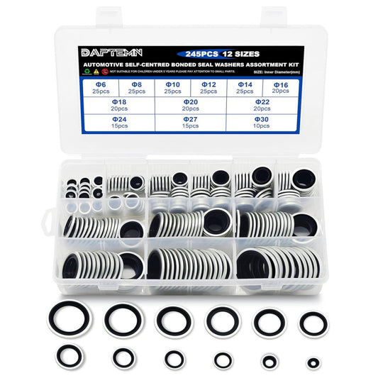 245PCS Bonded Sealing Washers, NBR Metric Zinc-Plated Steel Self-Centred Sealing