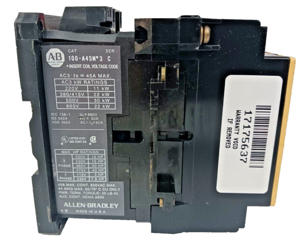ALLEN BRADLEY 40 HP CONTACTOR 600 VAC 3 PHASE 3 POLE 100-A45N*3 SER. C