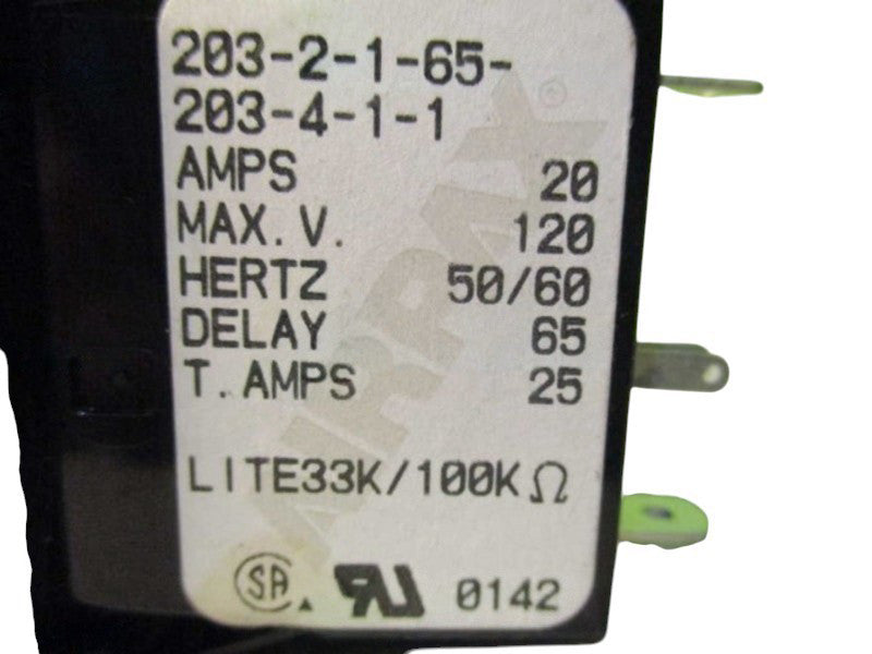 AIRPAX 203-2-1-65-203-4-1-1 CIRCUIT BREAKER 20A 32VDC ROCKER NSNP