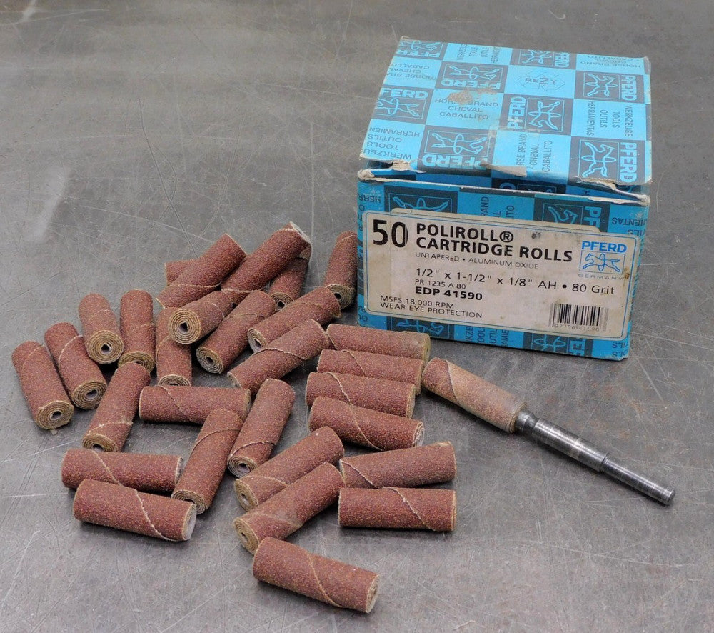 PoliRoll PFERD EDP-41590 1/2" x 1-1/2" 1/8" AH Untapered Type 80 Grit Lot of 30