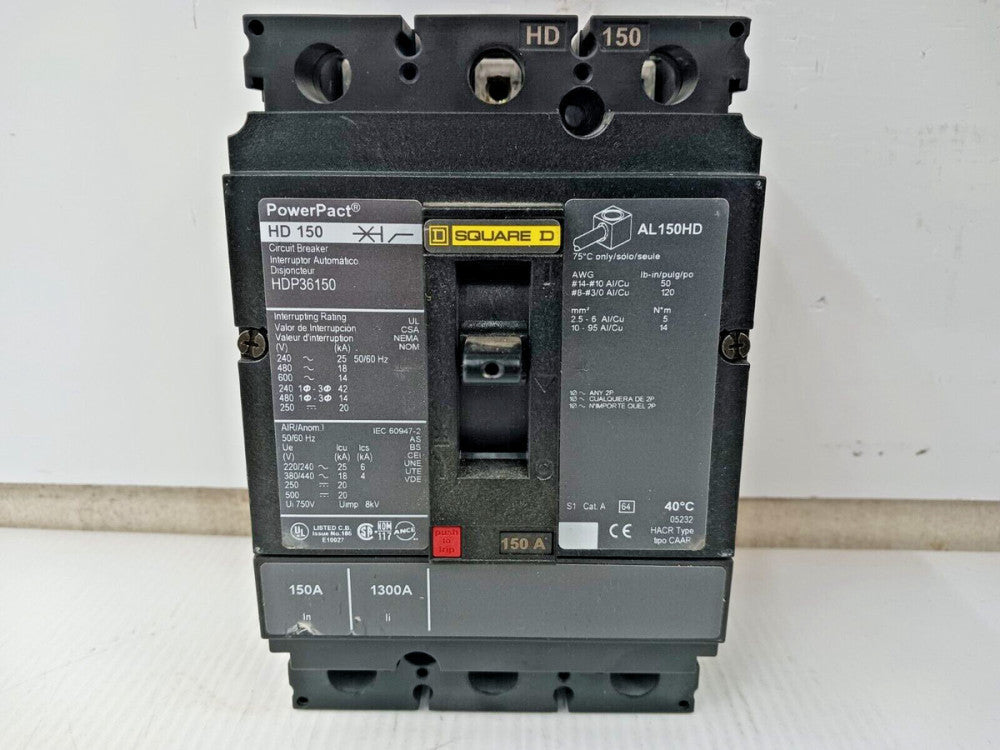 SQUARE D 150 AMP POWERPACT CIRCUIT BREAKER 3 POLE 600 VAC / 250 VDC HDP36150
