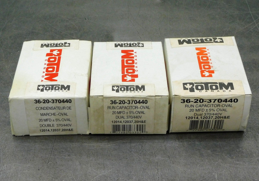 Rotom Capacitor 20MFD 370/440V Oval Run Dual Voltage 36/20 Lot of Three (3)