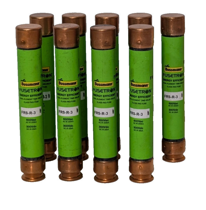 Lot of 9: Cooper Bussmann Fusetron FRS-R-3 Fuses, 600 VAC, 300 VDC, 3 Amp, RK5
