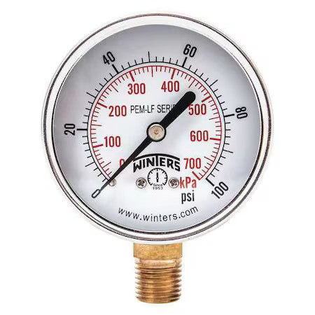 Winters Pem218lf Lead-Free Pressure Gauge, 0 To 600 Psi, 2 1/2 In Dial, 1/4 In
