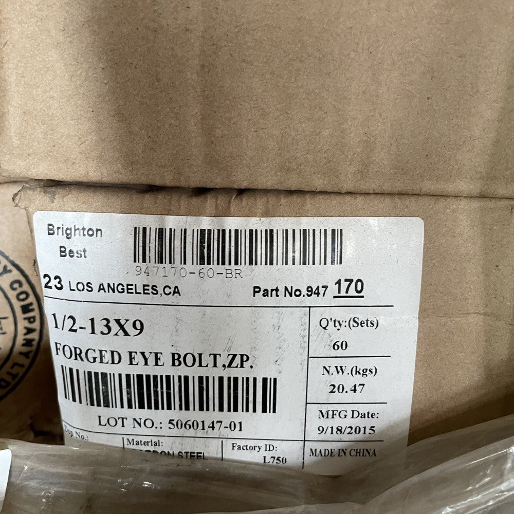 (60) BRIGHTON BEST FORGED EYE BOLTS 1/2 -13X9