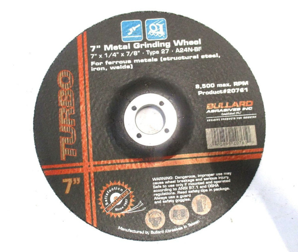 Bullard (20761) 7" x 1/4" x 7/8" T27 Aluminum Oxide Metal Grinding Wheel - 5 QTY
