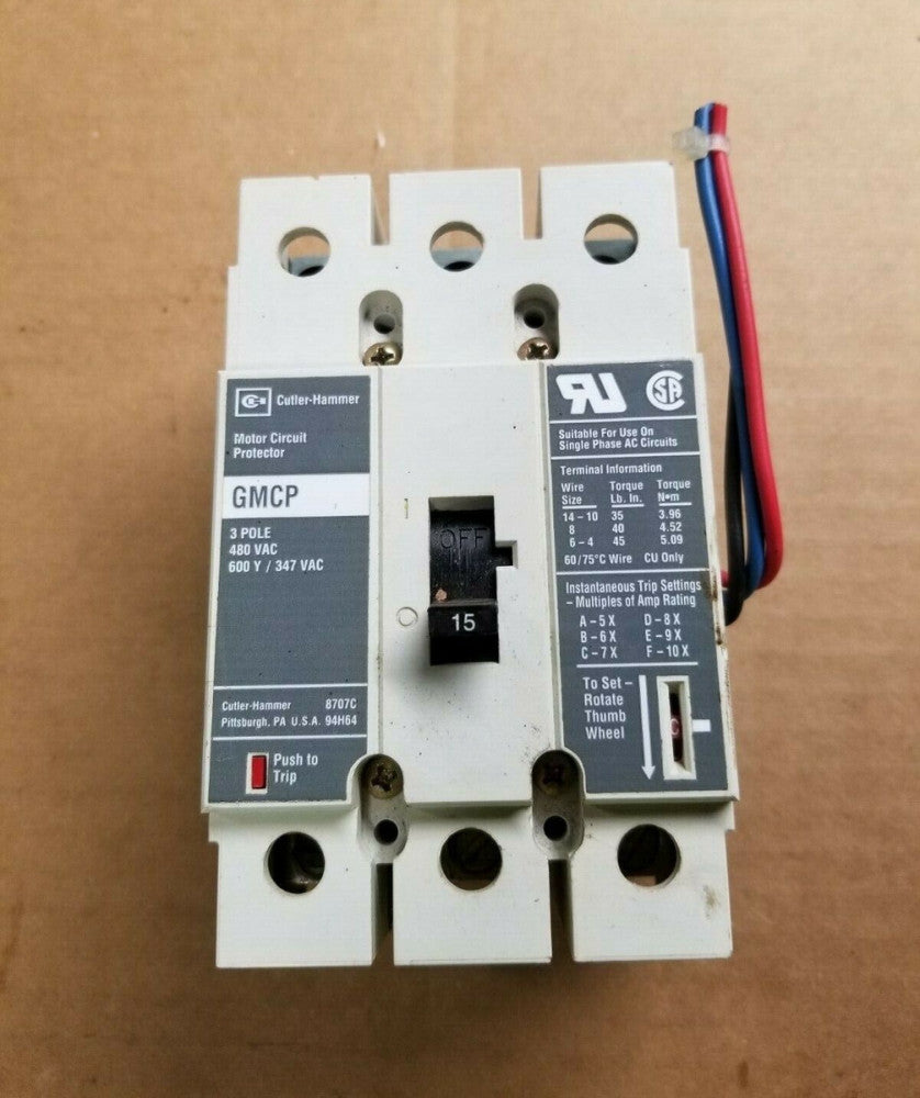 CUTLER HAMMER 15 AMP CIRCUIT BREAKER PROTECTOR 600 VAC 3 POLE GMCP