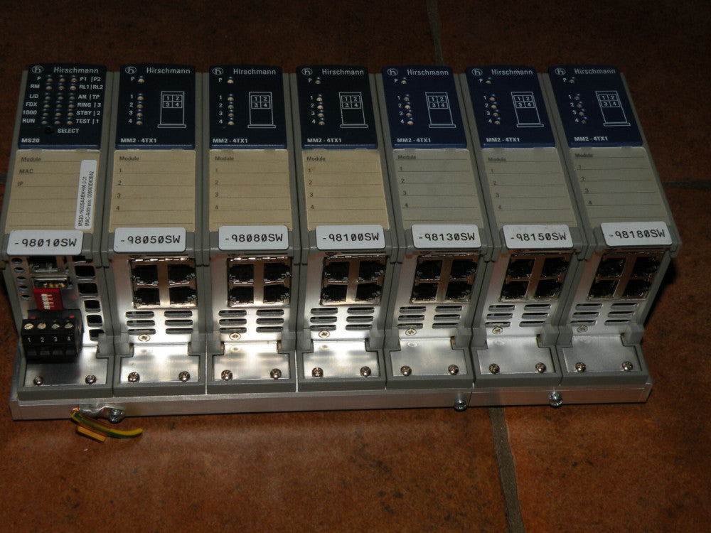 Hirschmann 7 Slot Backplane w (6) MM2-4TX1 MICE & (1) MS20-1600SAEHH06 Modules