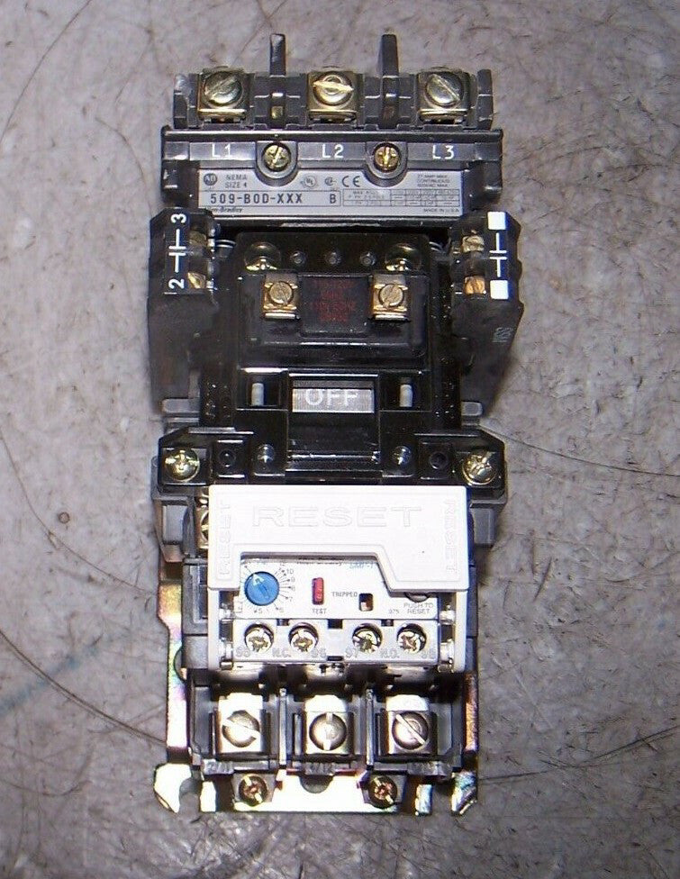 ALLEN BRADLEY SIZE 1 MOTOR STARTER 120 VAC COIL 3.7-12A 509-BOD-XXX 592-A1FA