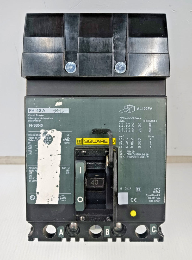 Square D 40 Amp I-Line Circuit Breaker 3 Pole 600 VAC / 250 VDC 25kA FH36040