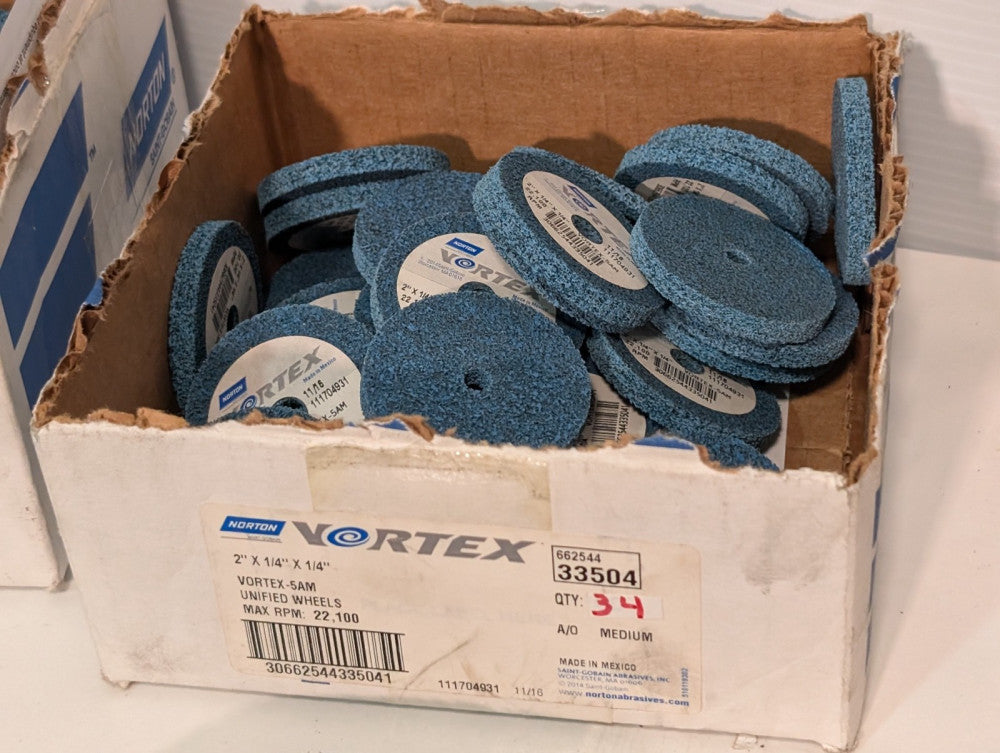 Box of 34 Norton VORTEX-5AM Unified Wheels 2" x 1/4" x 1/4" Max RPM 22,100
