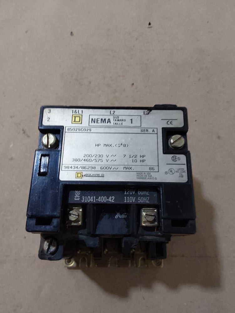 Square D NEMA Size 1 Contactor 8502SCO2S Series A 27A 7.5HP @ 230V / 10HP @ 460V