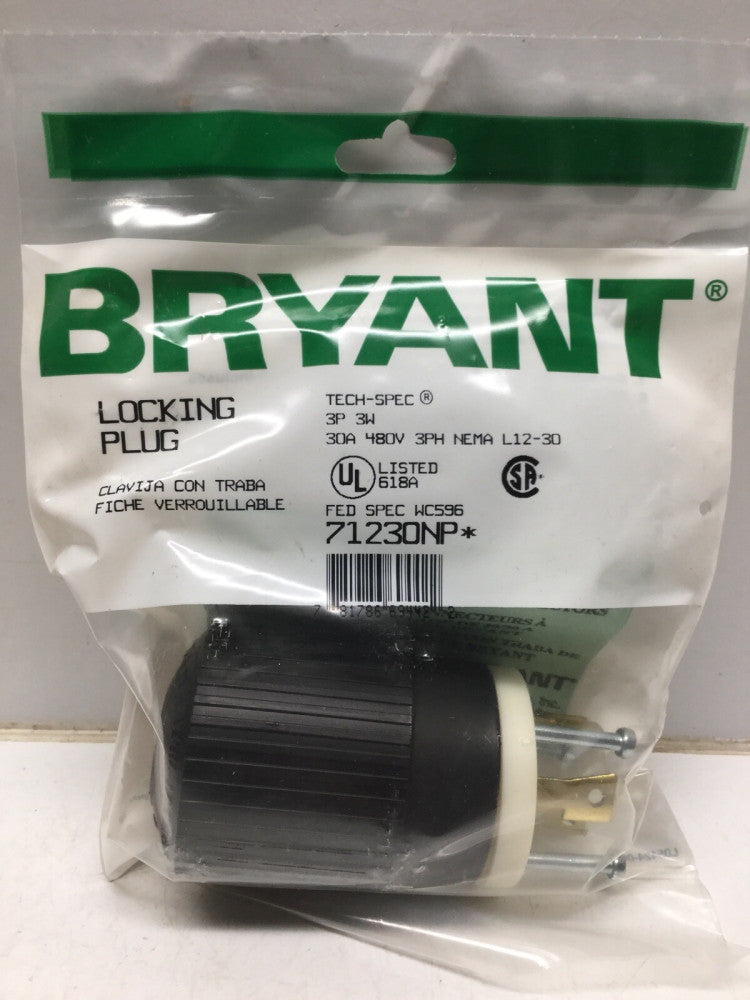 BRYANT 71230NP Male Locking Plug 30A 480V 3P 3W NEMA L12-30