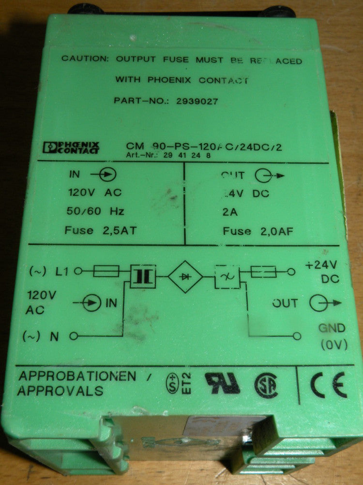 PHOENIX CONTACT POWER SUPPLY CM 90-PS-120AC/24DC/2 *USED*