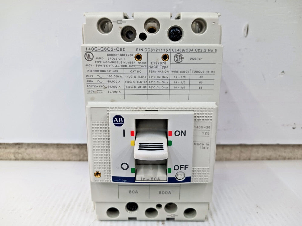 ALLEN BRADLEY 80 AMP CIRCUIT BREAKER 3 POLE 600Y/347 VAC 65kA 140G-G6C3-C80