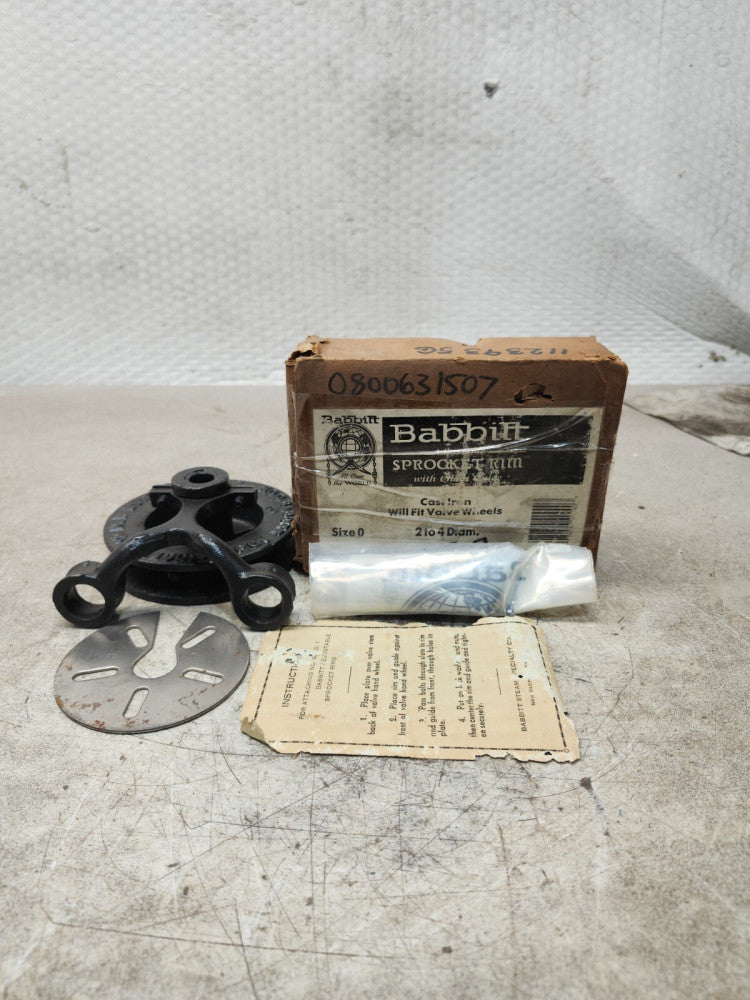 NEW IN BOX Babbitt Adjustable Sprocket Rim with Chain Guide Size 0 2 to 4 Diam.