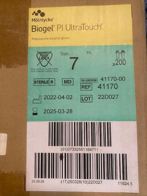 (200-Pair) 41170 Molnlycke Biogel PI UltraTouch PF SIZE 7 Surgical Gloves 3/2025