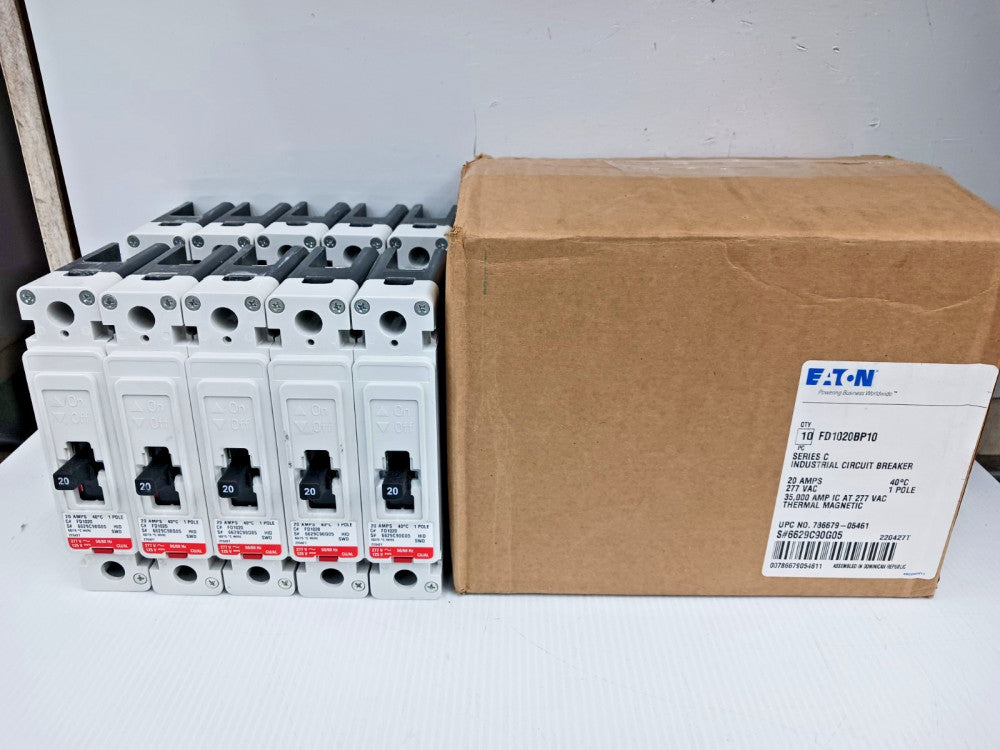 Box Of 10) New Eaton 20 Amp Bolt-On Circuit Breaker 1 Pole 277 VAC 35kA FD1020