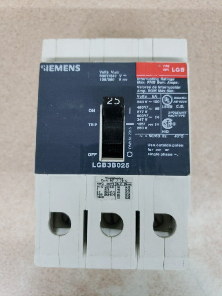 Siemens LGB3B025 Bolt On Circuit Breaker 25A 3P 600Y/347V NTO
