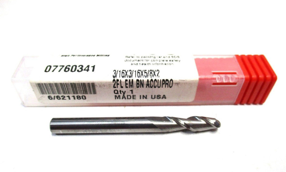 MADE IN USA 3/16 x 3/16 x 5/8 x 2 2-Flute SE RH Solid Carbide Ball End Mill