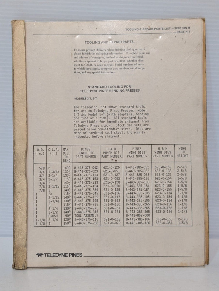 Teledyne Pines Tooling & Repair Parts List for Teledyne Pines Bending Presses