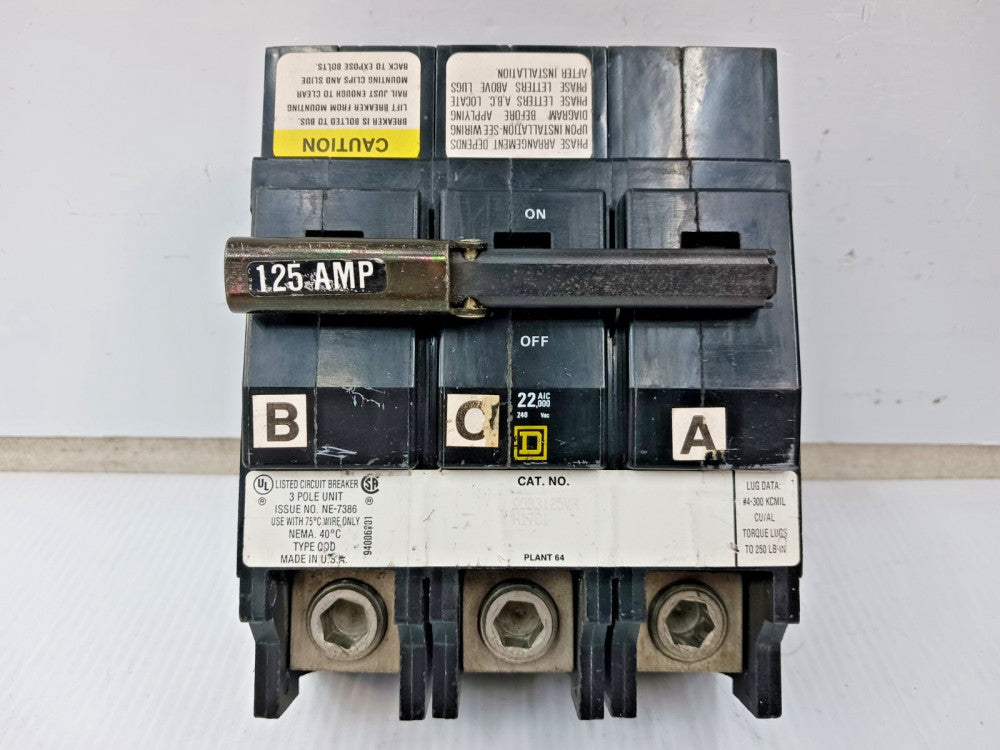 Square D 125 Amp Bolt-On Circuit Breaker 3 Pole 240 VAC 22kA QOB3125VH