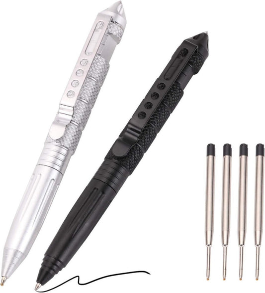 2 Pack Military Tactical Pen Set with 2 Count (Pack of 1), Black & Silver 