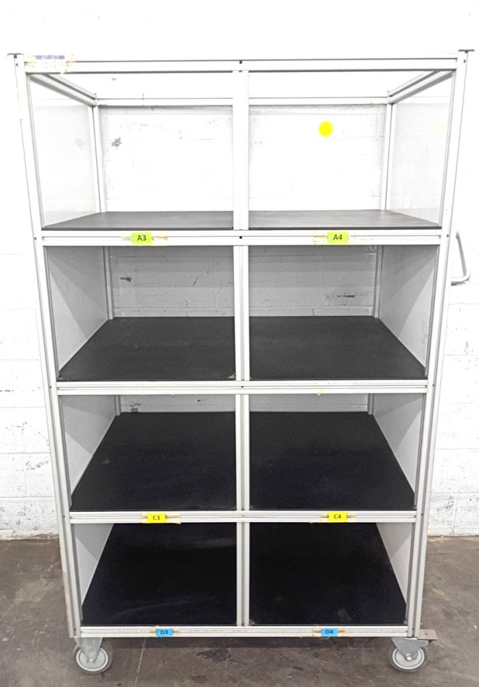 A ROBUST 8-CUBICLE ROLLING REBIN CART, FOR ANY WAREHOUSE, GARAGE, OR WORKSHOP