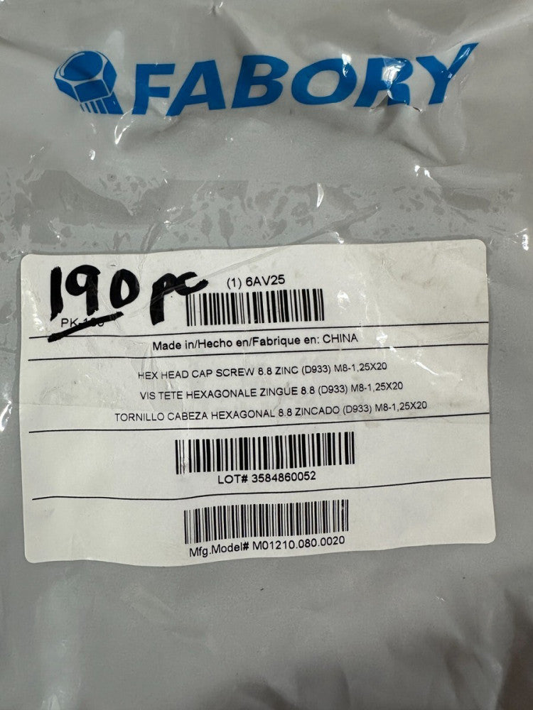 190pc Fabory Hex Head Cap Screw 8.8 Zinc D933 M8-1 25x20