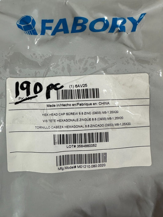 190pc Fabory Hex Head Cap Screw 8.8 Zinc D933 M8-1 25x20