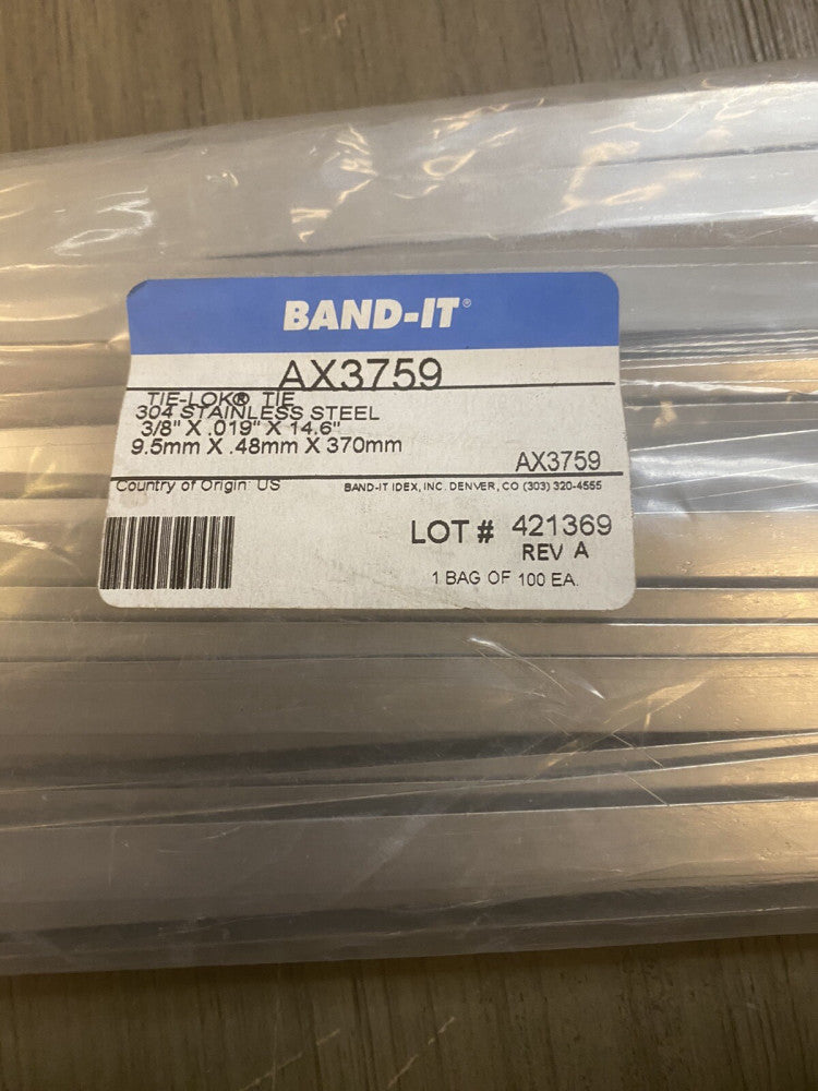 NEW (100-Pk) Band-It Tie-Lok Ties 304 Stainless Steel 3/8" x .019" x 14" AX3759