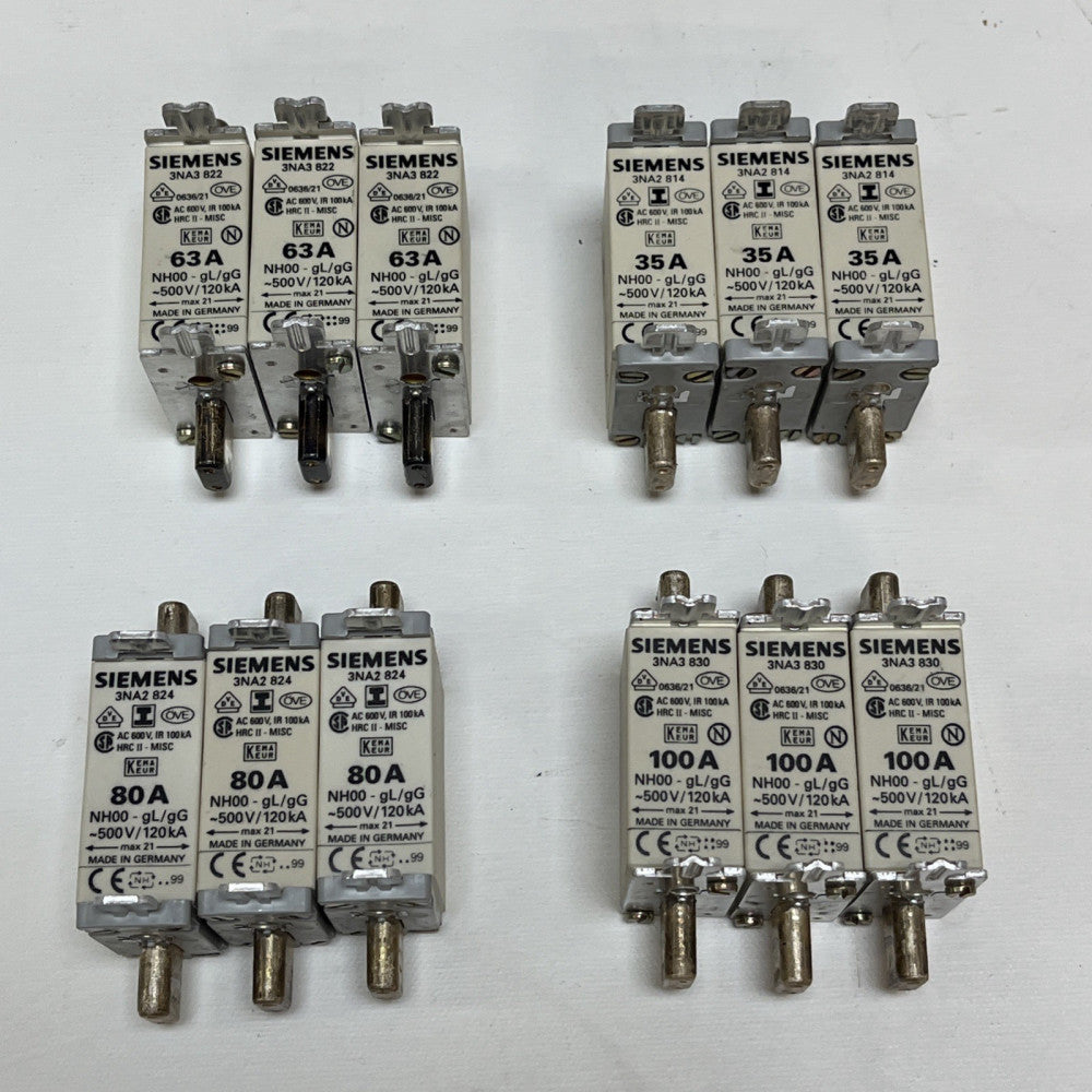 (12x Mixed Lot) Siemens Fuse 3NA3830 100A, 3NA2824 80A, 3NA3822 63A, 3NA2814 35A