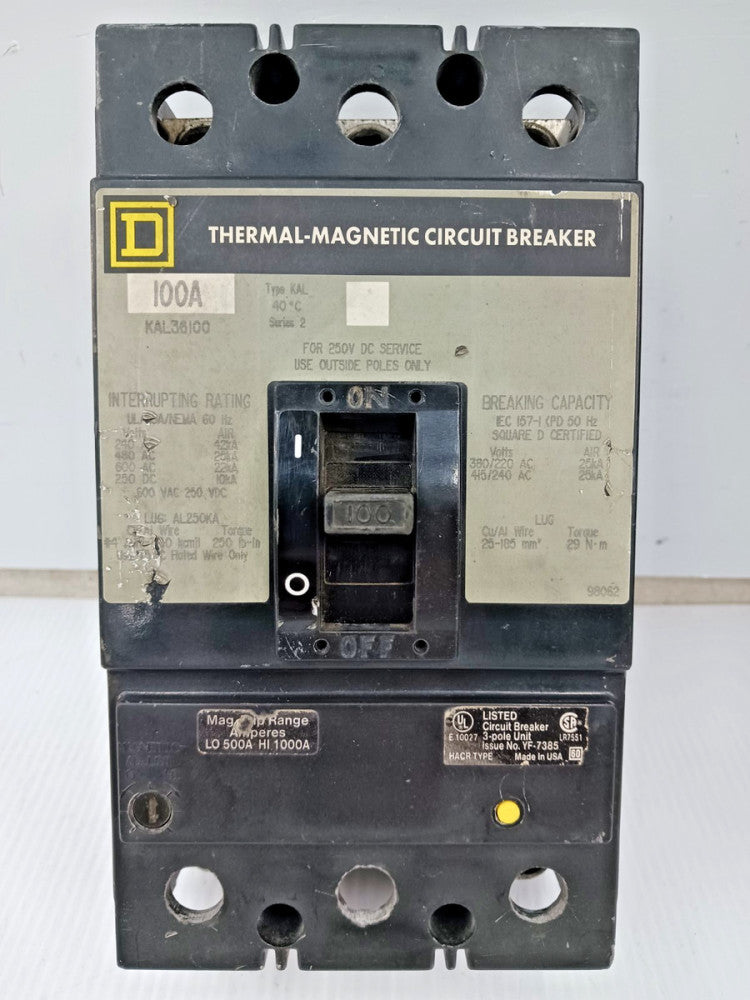 Square D 100 Amp Thermal-Magnetic Circuit Breaker 3 Pole 600 VAC 25kA KAL36100